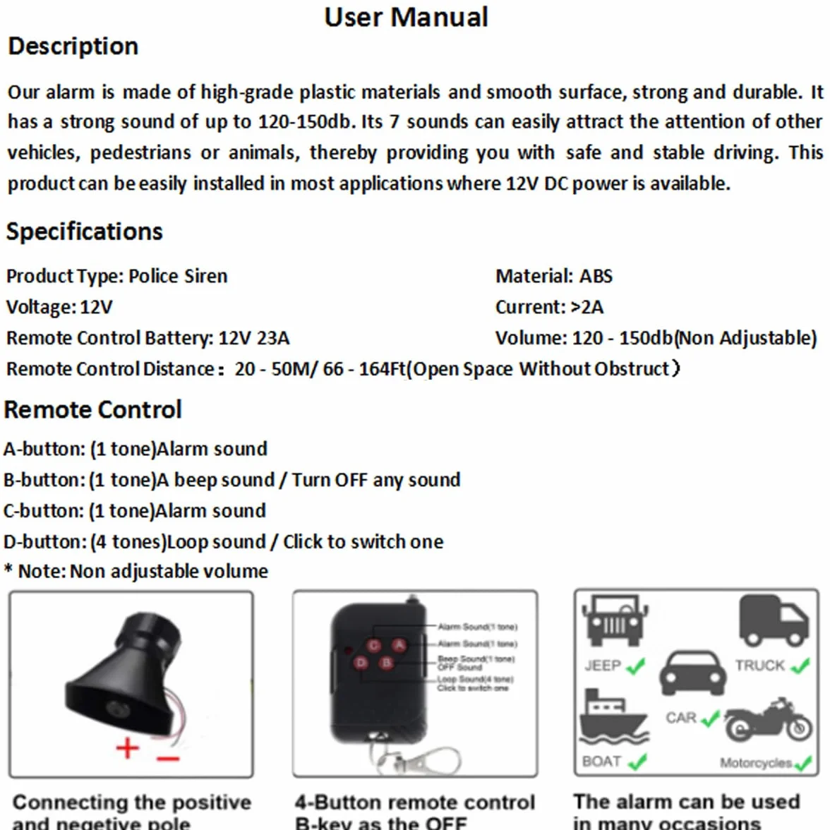 Sirena de coche con 7 sonidos: bocina, alarma tipo incendio, ambulancia, circulación, policía, con mando a distancia negro, 12 V 100 W (2 x mando a distancia)
