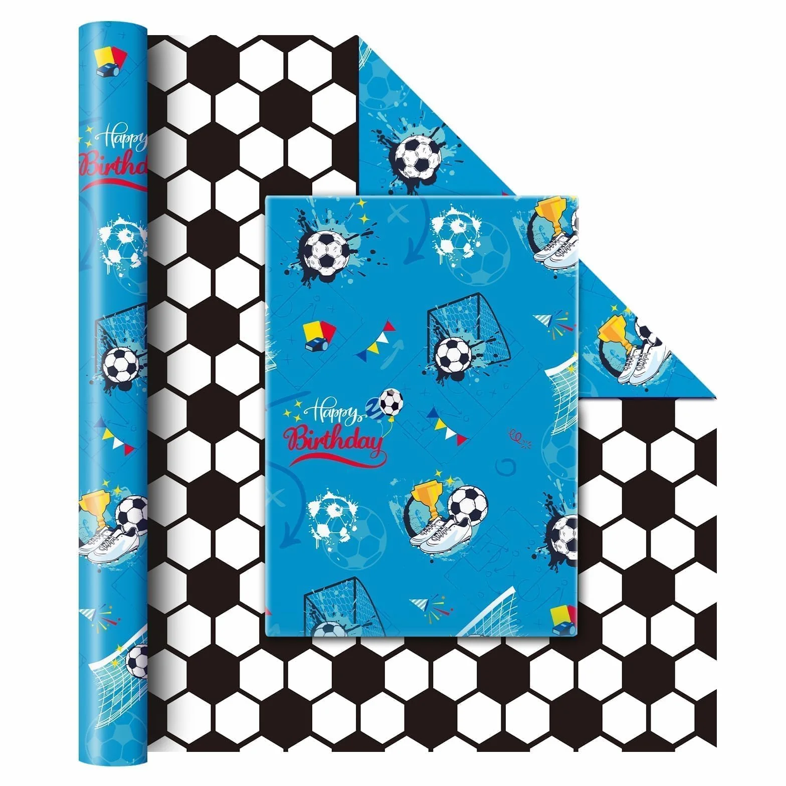 WERNNSAI Papel de regalo de fútbol 1 rollo azul con línea de corte