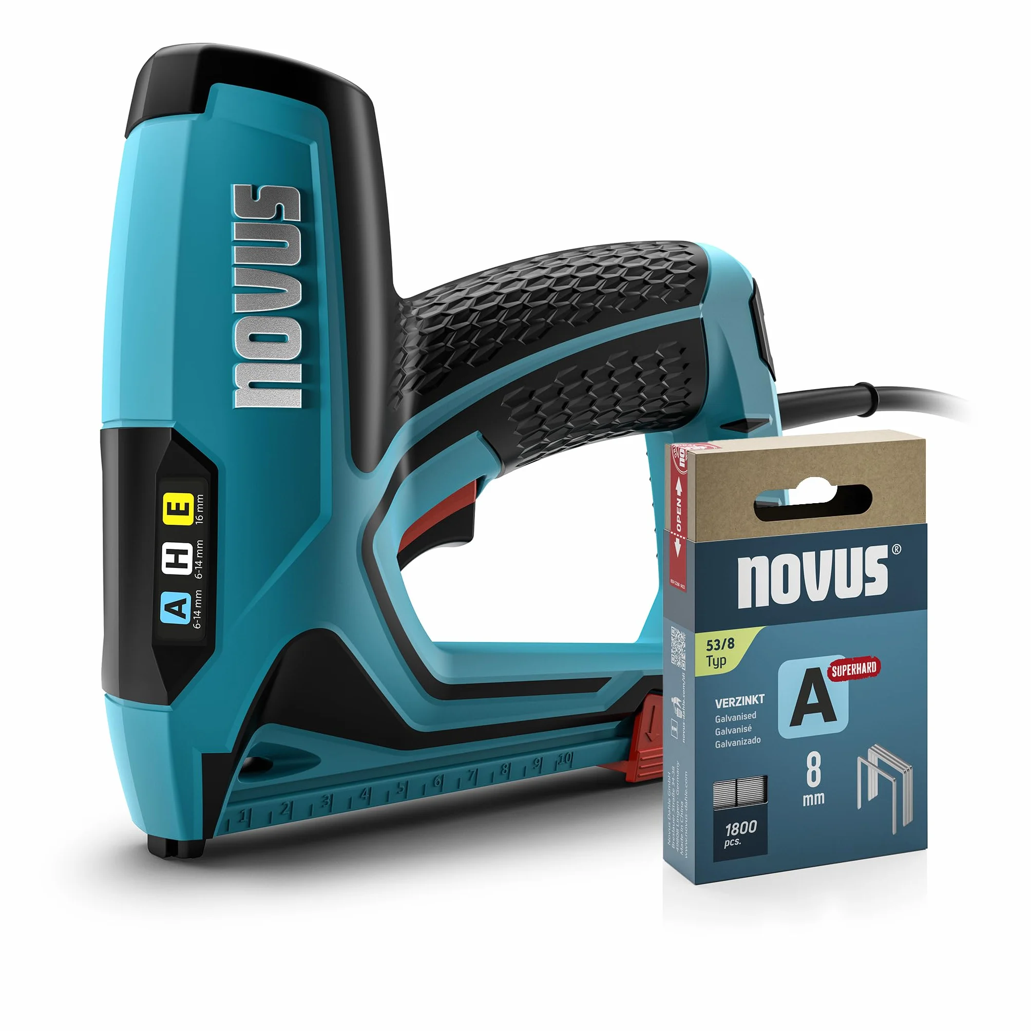 NOVUS TOOLS Juego de grapadora eléctrica J-150 con 1800 grapas, grapadora profesional y pistola de clavos con regulación de la fuerza de impacto, tope de distancia y mecanismo de carga inferior