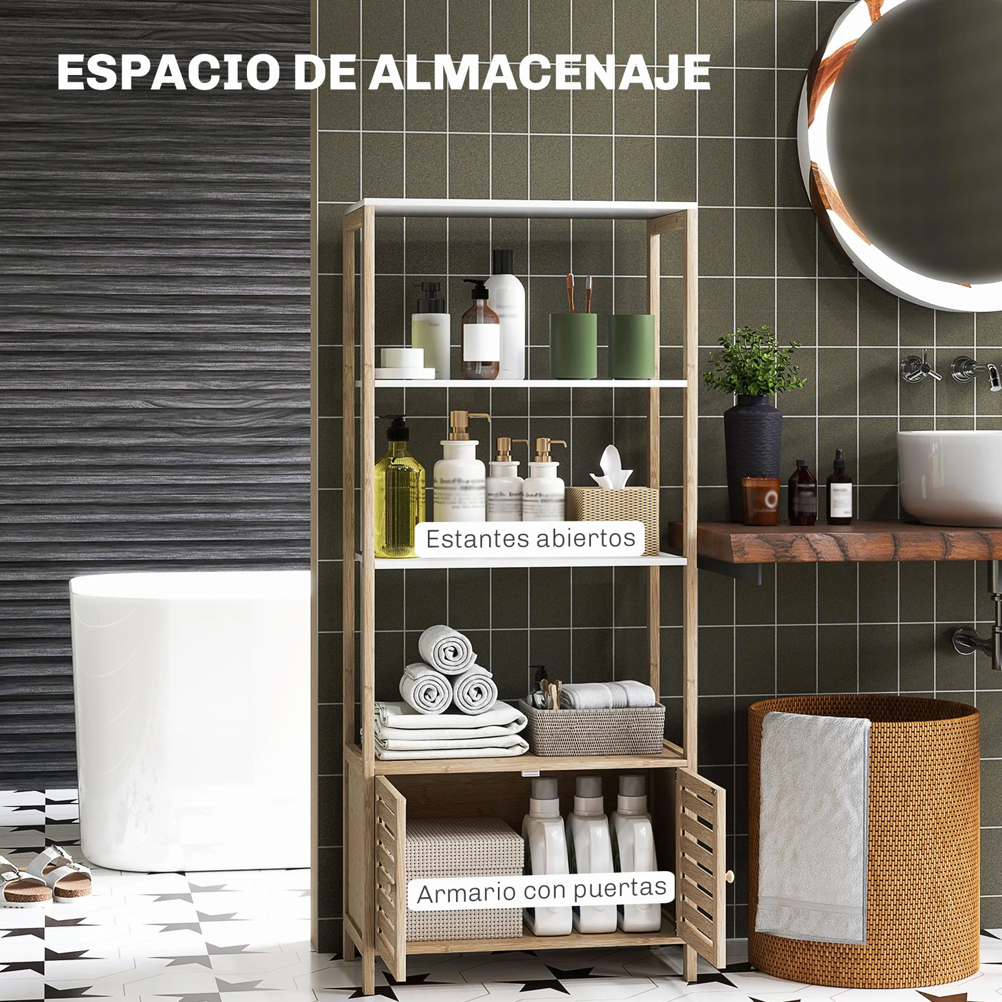 HOMCOM Estantería Baño Bambú 3 Estantes Abiertos Almacenaje Puertas Lamas 63x30x138 cm Natural Blanco