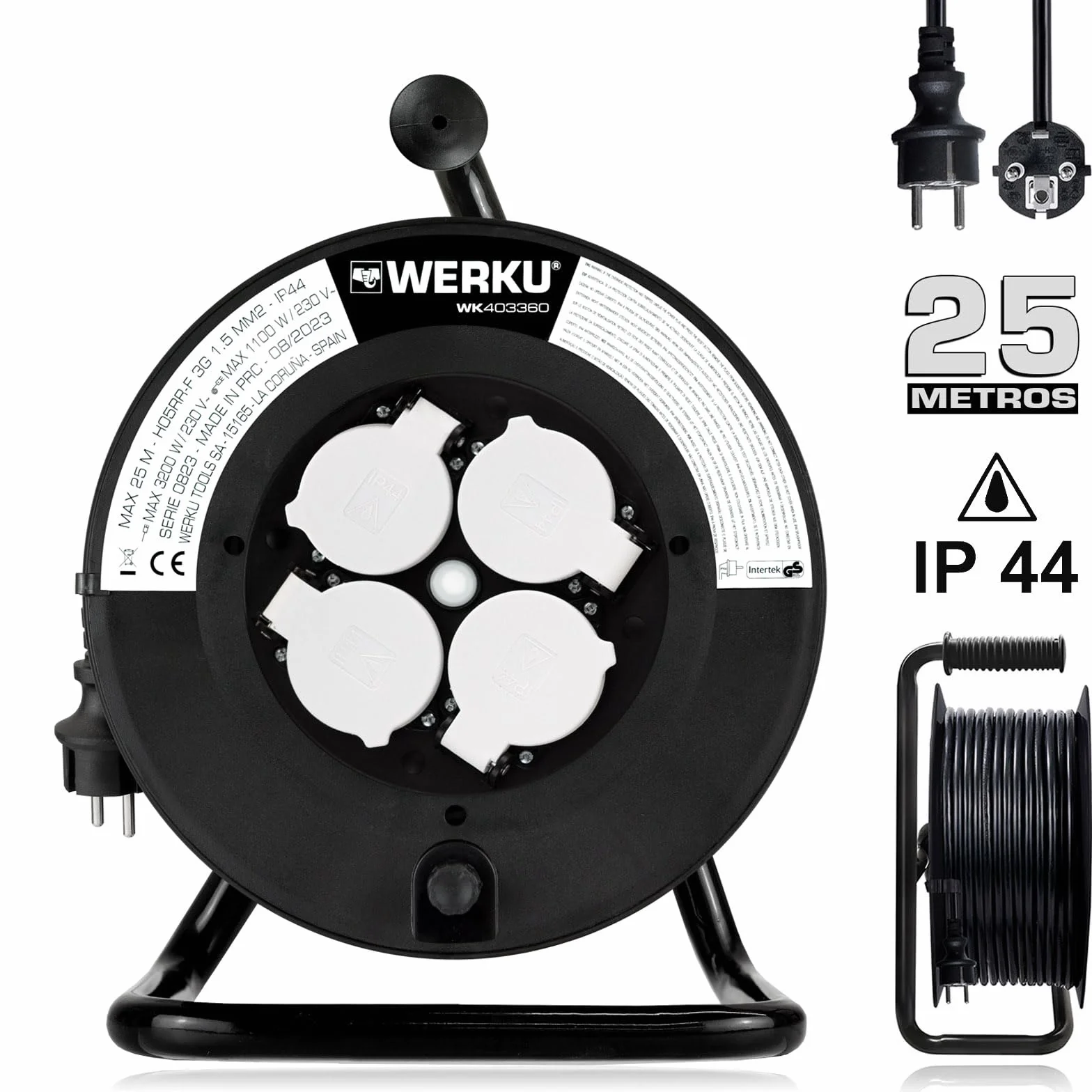Werku WK403360, Enrollacables Alargador, Calidad Profesional, 25 Metros, MAX 3200 W, Protección IP44, 4 Tomas, Cable H05RR-F 3G 1.5 MM/2, Protección contra Sobrecalentamiento
