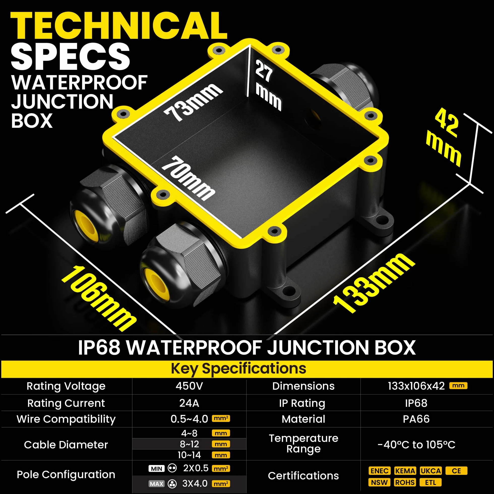 PEBA® Cajas de Conexiones Impermeables IP68, Conector de cable estanco,Caja de conexiones de conector de cable Exterior de 3 vías, Apto para cables Ø4-14 mm Caja Conexiones Negro,1 piezas