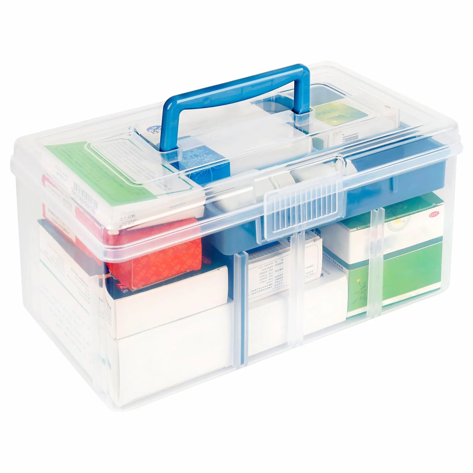 Organizador de Medicamentos Plástico 2 Capas con Asa 29.5 x 16 x 14.5 cm Transparente