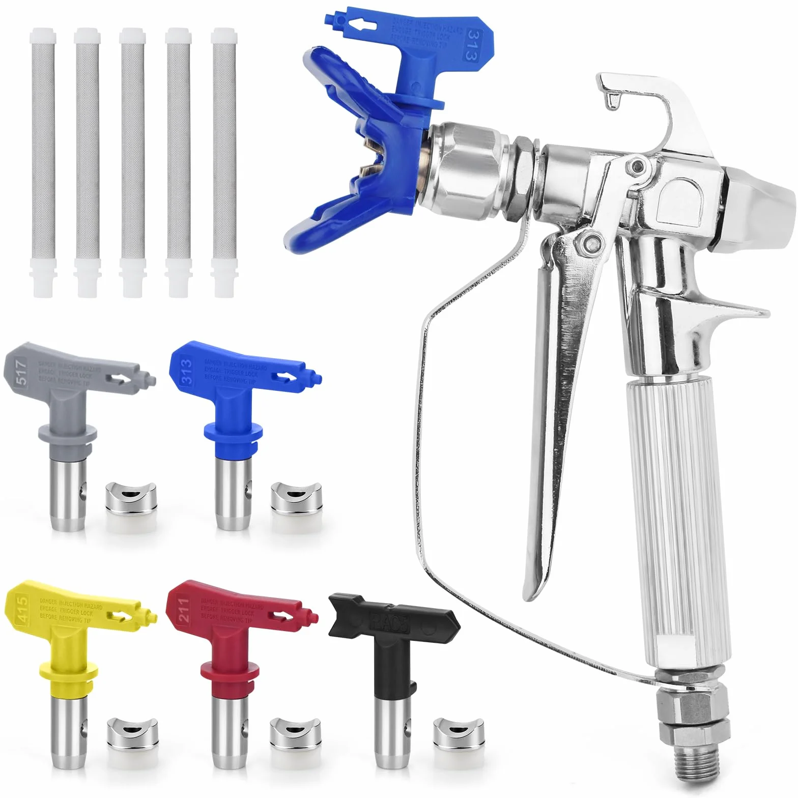 Pistola de Pintura sin Gas de Alta presión 3600 PSI, Soporte de Boquilla Azul,5 Piezas Boquilla de Punta Airless Pistola Pintura, Pistolas de Filtro de Pintura sin Gas,para Sistemas de pulverización
