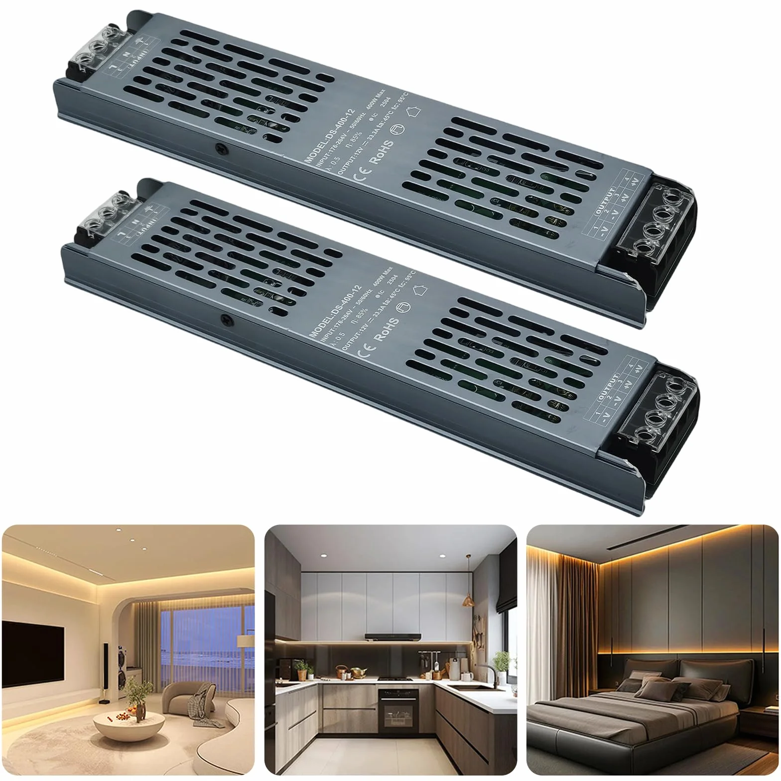 Transformador 220V a 24V 400W LED Driver, Fuente de Alimentación AC 220, 230 V a DC 24 V Driver de Bajo Tensión, Controlador Voltaje Constante para Tiras LED,2PCS