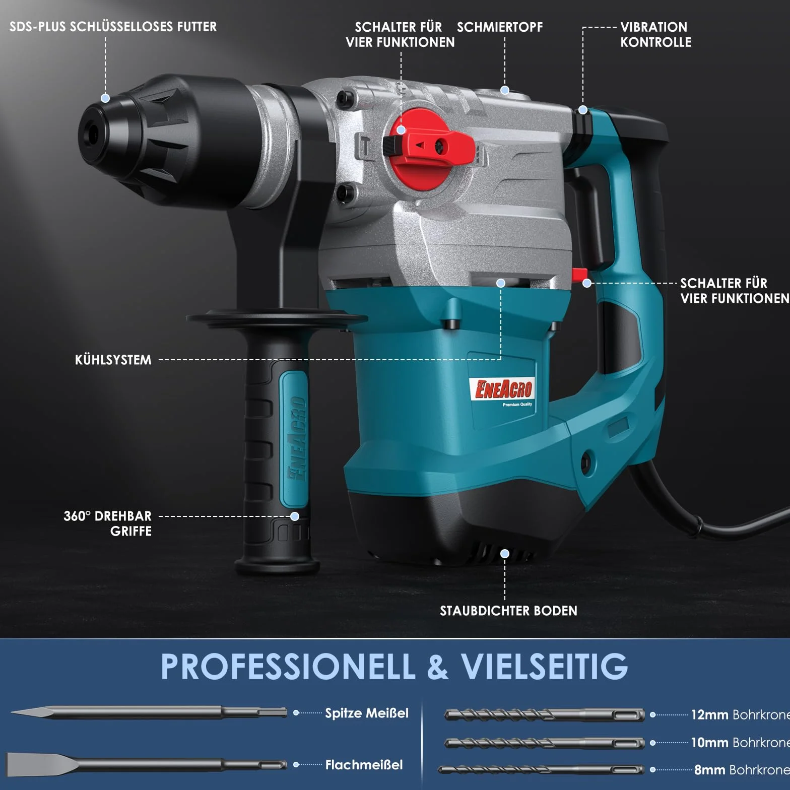 ENEACRO SDS-Plus Martillo Perforador de Alta Potencia, 1500W y 7J, con Embrague de Seguridad y Control de Vibración, 4 Funciones, Incluye Grasa, Cinceles, Brocas y Bolsa de Herramientas