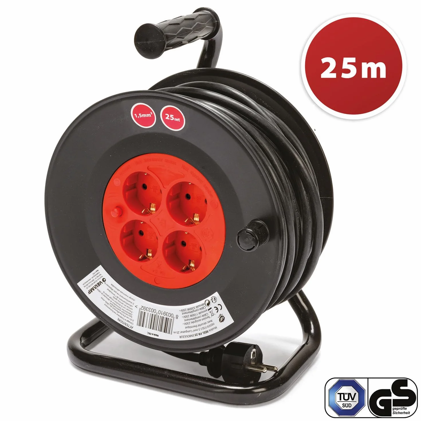 Carrete de cable DIY 4 enchufes estándar Schuko, cable H05VV-F3G1.5MM2, 25M, CE