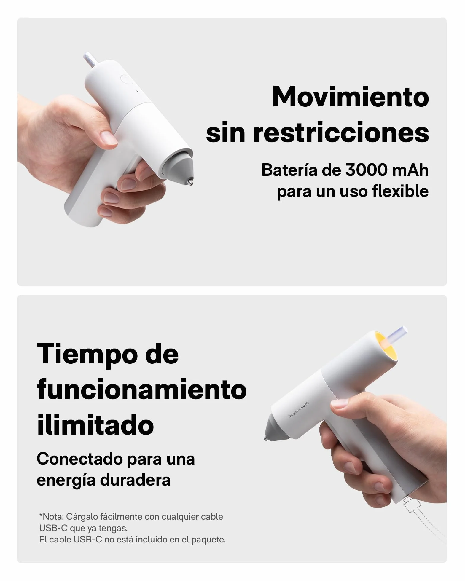 HOTO Pistola de Silicona Caliente,Pistola Pegamento Caliente Calentamiento Rápido 30S, 3000mAh Batería Recargable por USB-C,Con 40PCS Barras,Para Bricolaje Arte,Empaques,Reparaciones y en El Hogar