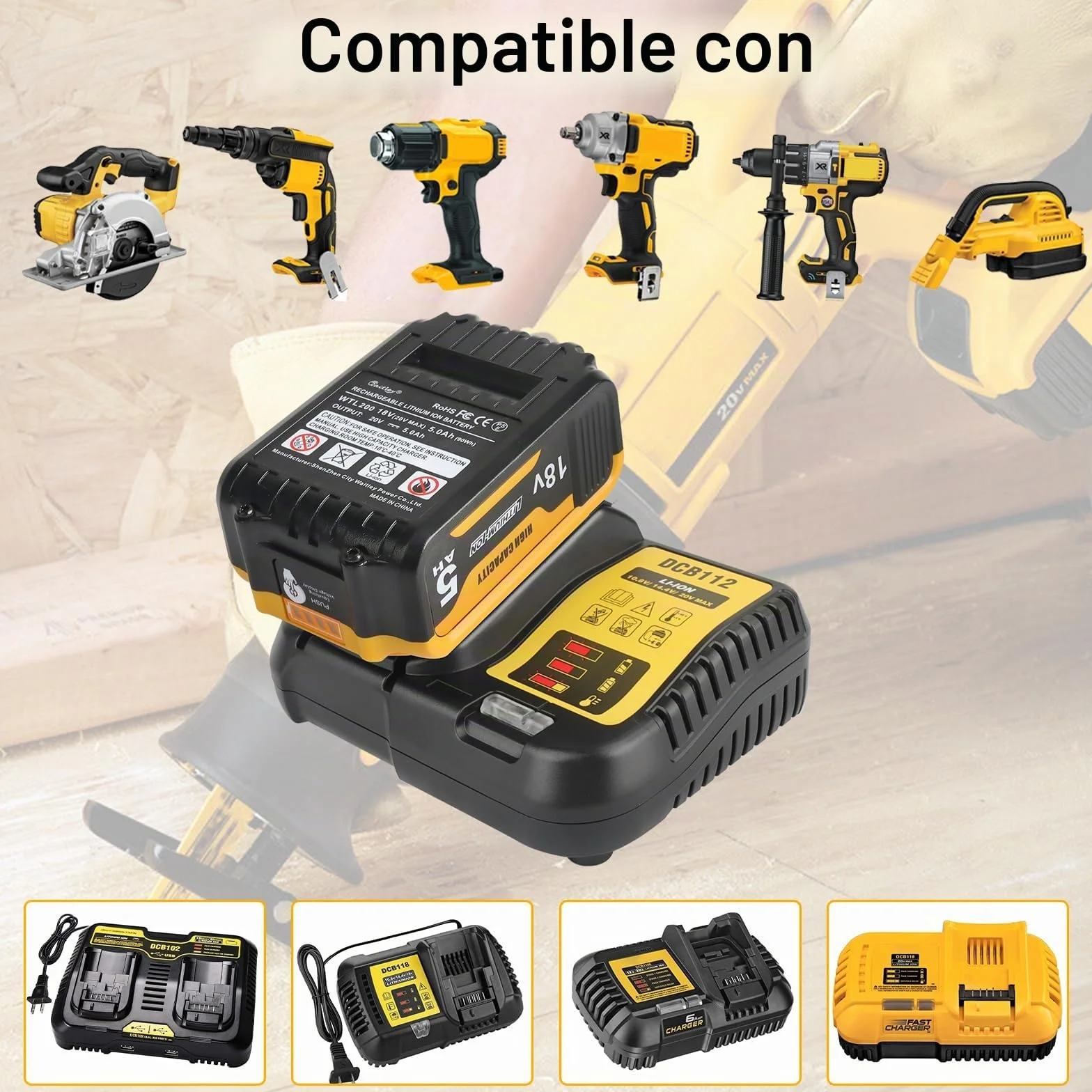 Waitley 5.0A DCB184 para Dewalt 18V Batería DCB184 DCB200 DCB182 DCB180 DCB181 DCB182 DCB200