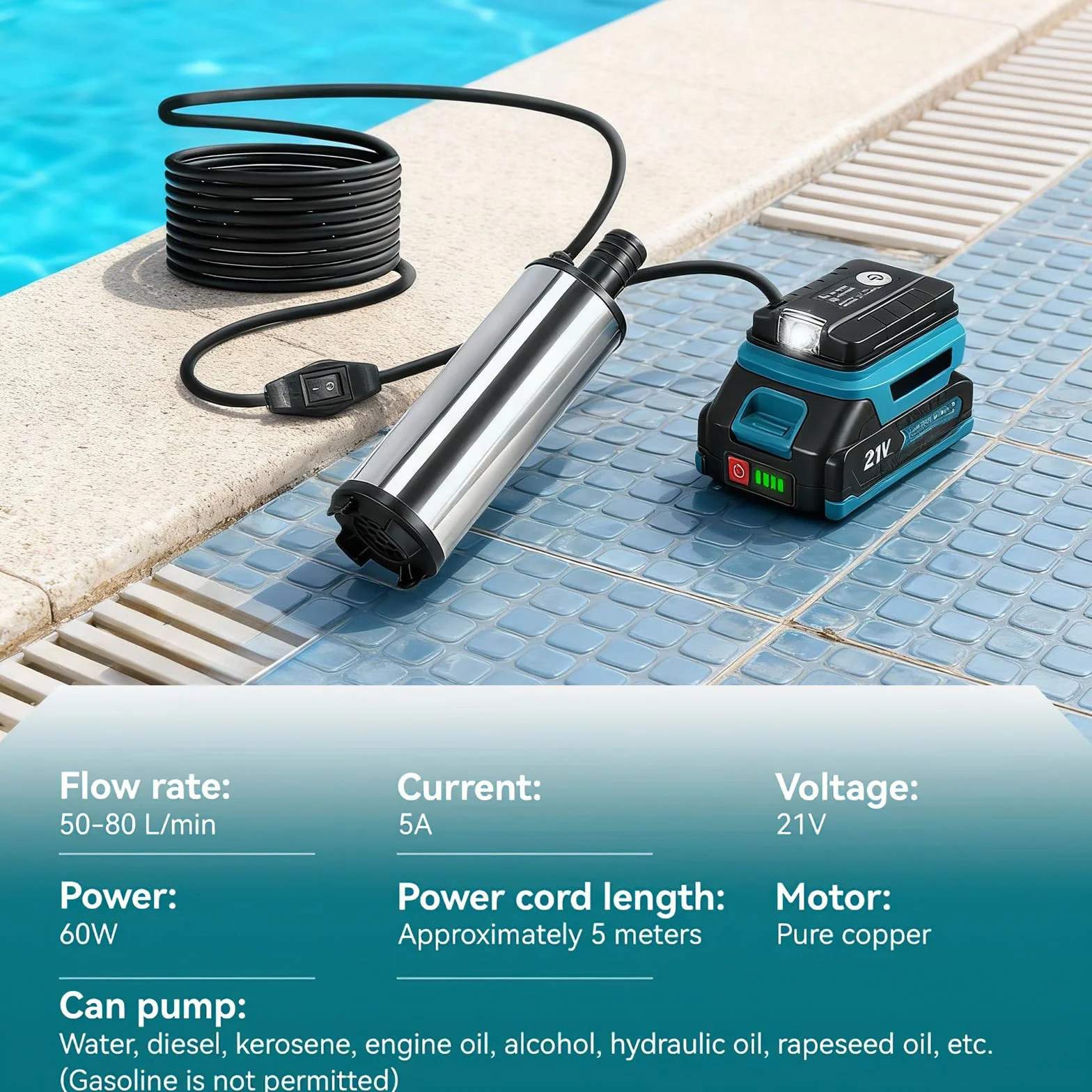 Bomba de agua a batería 18V 60W 80-150 L/min para limpieza riego jardín