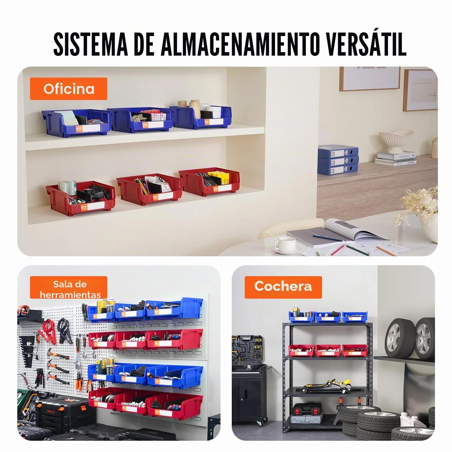 VEVOR Contenedor de Pernos 6 Cajas de Almacenamiento Apilables para Taller 276 x 279 x 128 mm Combinación Azul/Roja Contenedor de Herramientas para Armario, Cocina, Oficina, Despensa, Estante, Pared