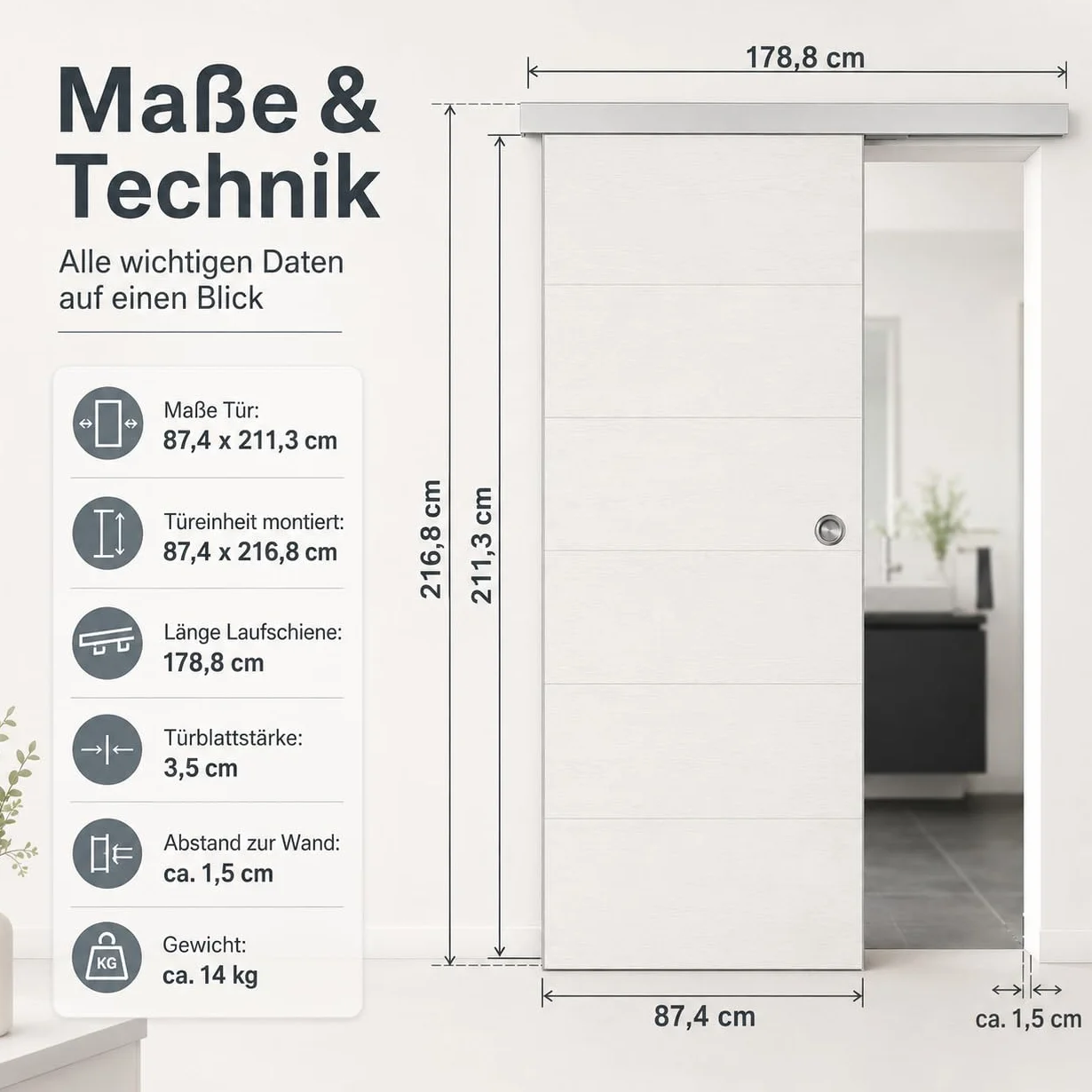 Puerta corredera de plástico, Grosfillex, 79450C06, kit completo, 87,4 x 216,8 cm, color madera blanco