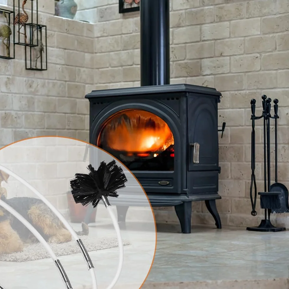 Kit de Cepillo Limpieza Chimenea, Cepillo para Limpiar Chimeneas con 18 Varillas Flexibles, 2 Cabeza de Cepilloy de Ø100mm, 1 Cepillo de Madera para Tuberías de Caldera, Tubos de Ventilación