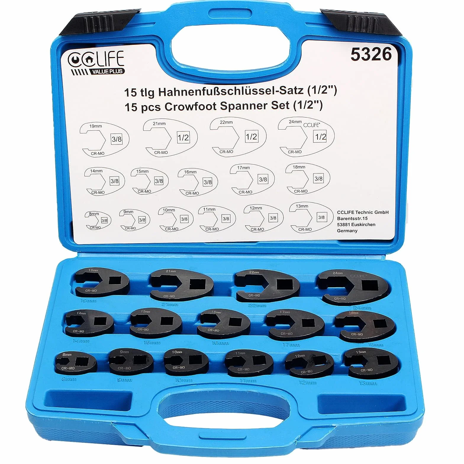 CCLIFE 15 piezas Juego de Llaves de Boca 3/8" 1/2" Llaves Crowfoot, 8-24 mm