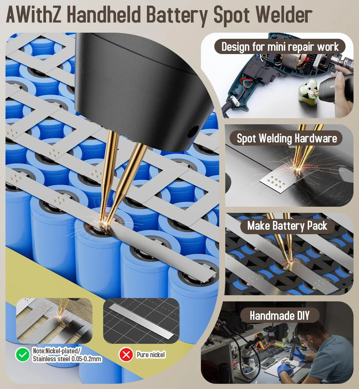 Soldadora por puntos para baterías, AWithZ soldadora de puntos H1, con agujas de repuesto, 11 engranajes ajustables, modo automático y manual para batería 18650, soldadura de láminas de níquel-platino