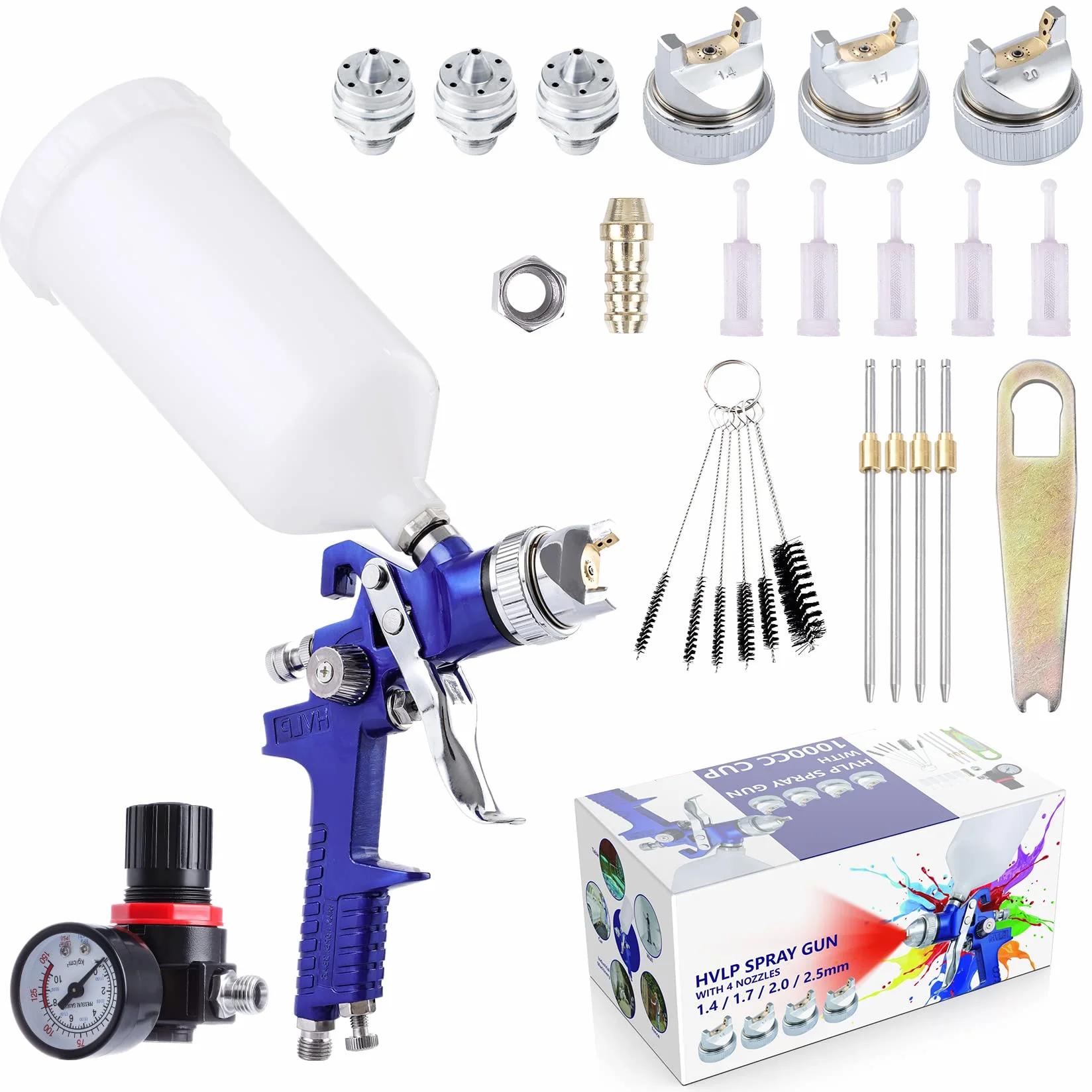 Pindex HVLP Pistola de Pintura 1000 ml con 4 Boquillas 1.4 1.7 2.0 2.5 mm, Pistola de Pulverización por Gravedad con Regulador de Aire, para Pintar Muebles Automáticos, Azul