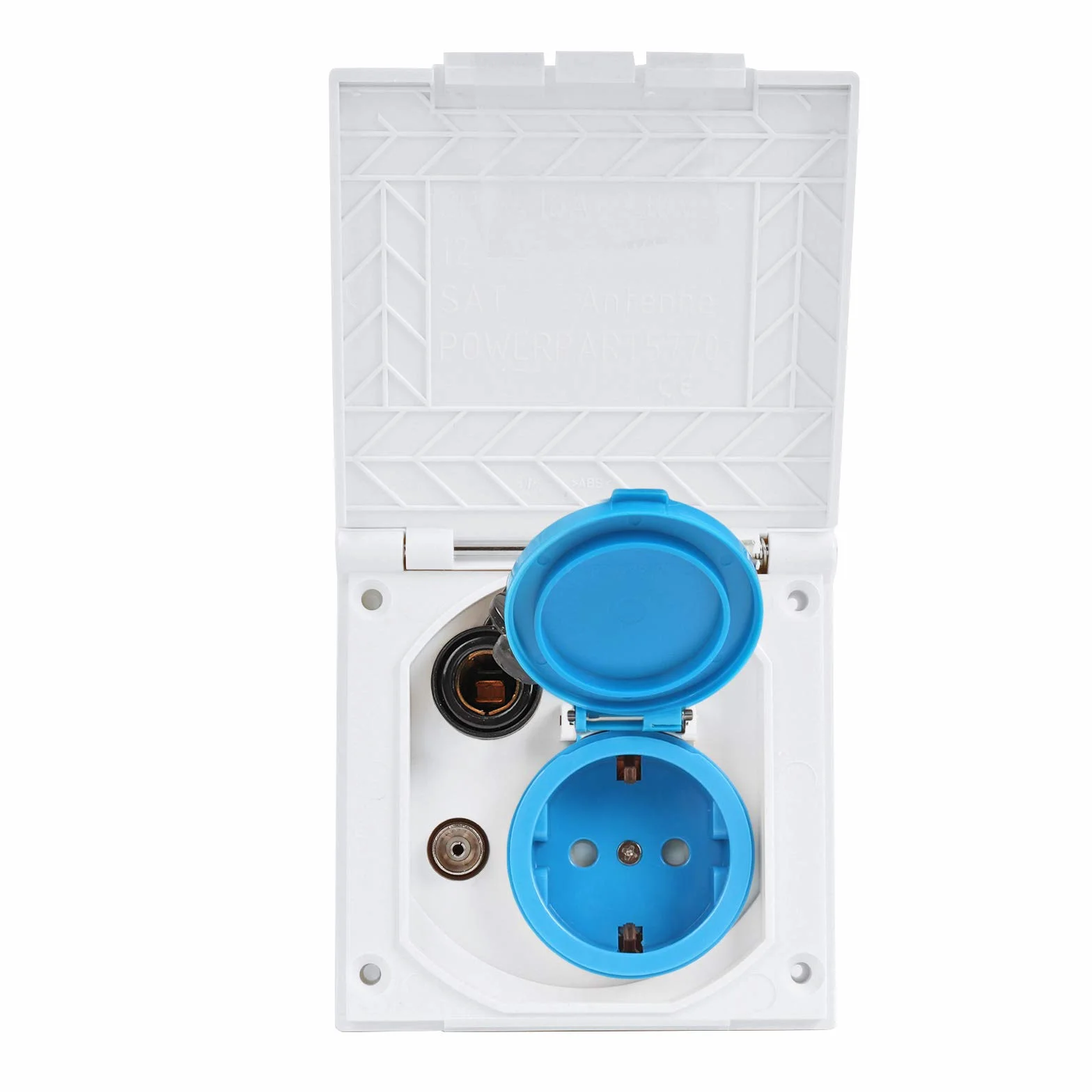 CEE - Enchufe para exteriores (240 V, 12 V, antena satélite, IP44, ideal para caravanas, autocaravanas o autobuses de camping), color blanco