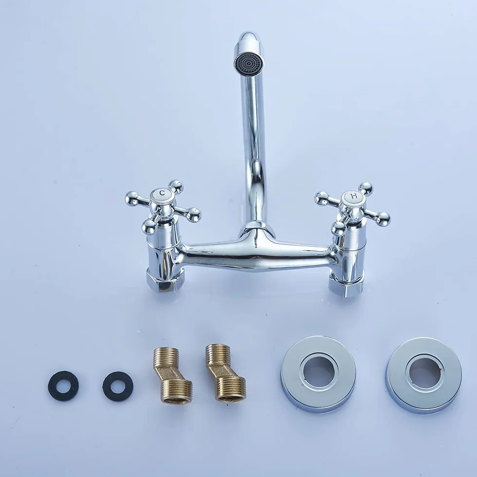 Grifo montado en la pared, Grifo Doble de dos manijas para cocina, Grifo Lavadero, Grifo de cocina nostálgico, regulador giratorio, retro, instalaciones de baño, plata