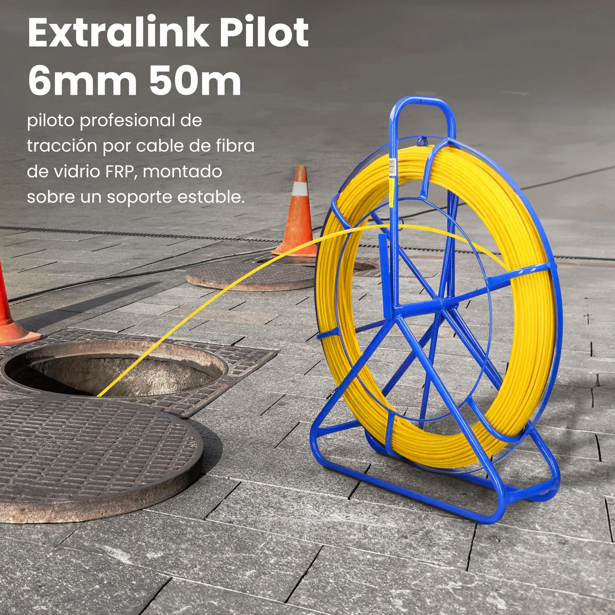 Extralink FRP varilla de fibra de vidrio de 6mm de diámetro 50m, tubo vacío con soporte para rodillos y freno, resorte retráctil con alta elasticidad y resistencia, accesorios de cable de fibra de