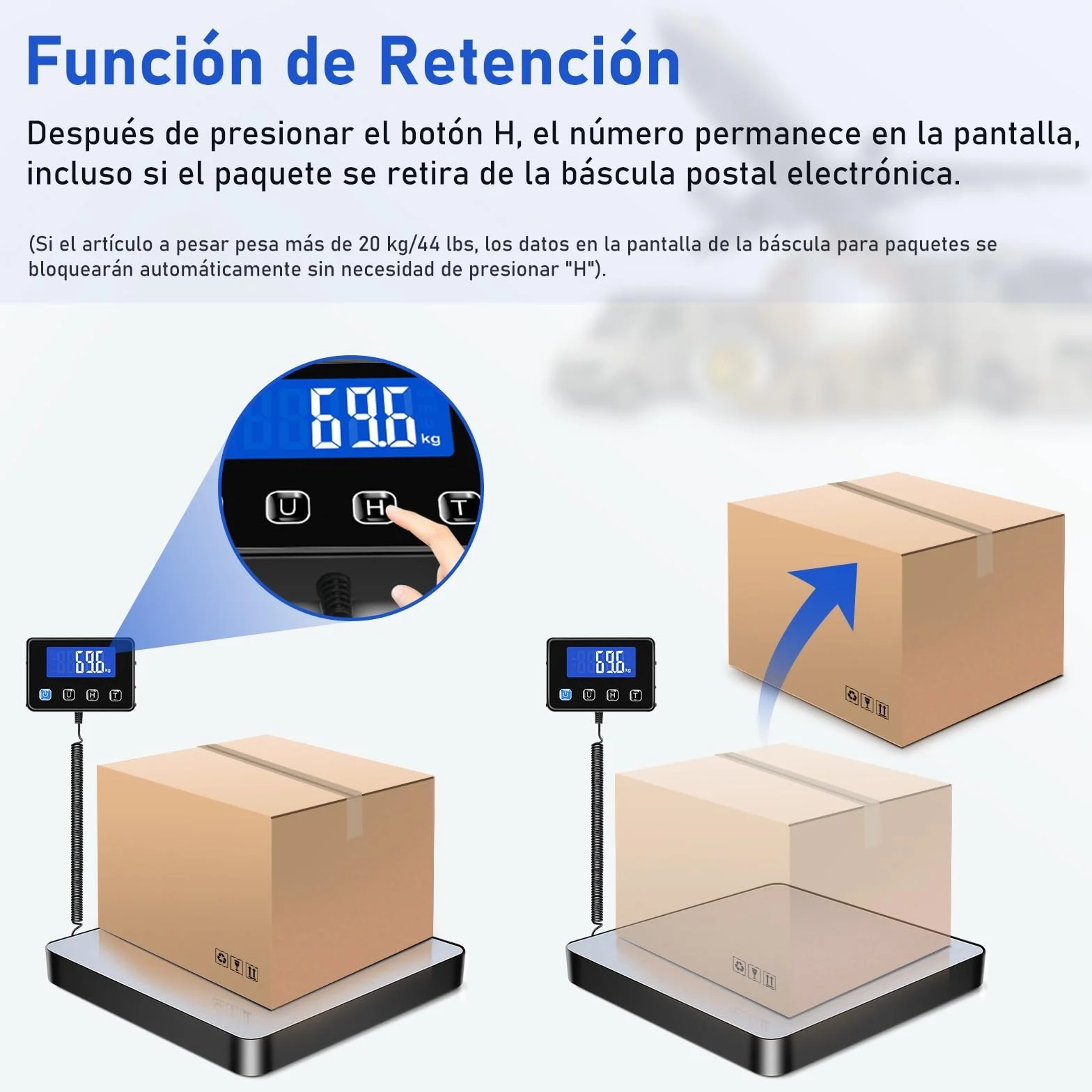 Báscula para Paquetes 440lb, Bascula Digital Alta Precisión 10g con Retención/Tara/LCD, Balanza Postal USB
