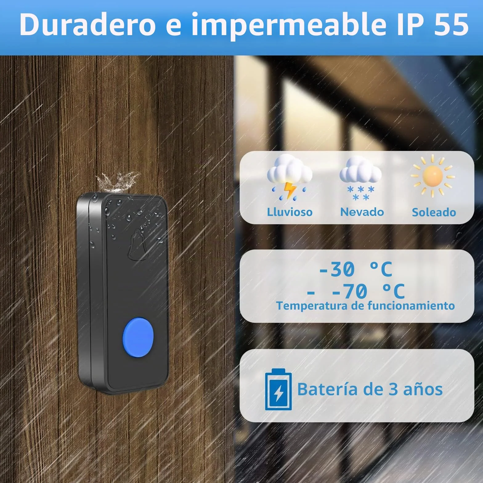 Nestling Timbre Inalámbrico, Kit Timbre Inalámbrico Exterior Impermeable IP55, Alcance 300m, 55 melodías, 5 Niveles de Volumen, LED Azul para Emergencias en el Hogar Oficina, Negro