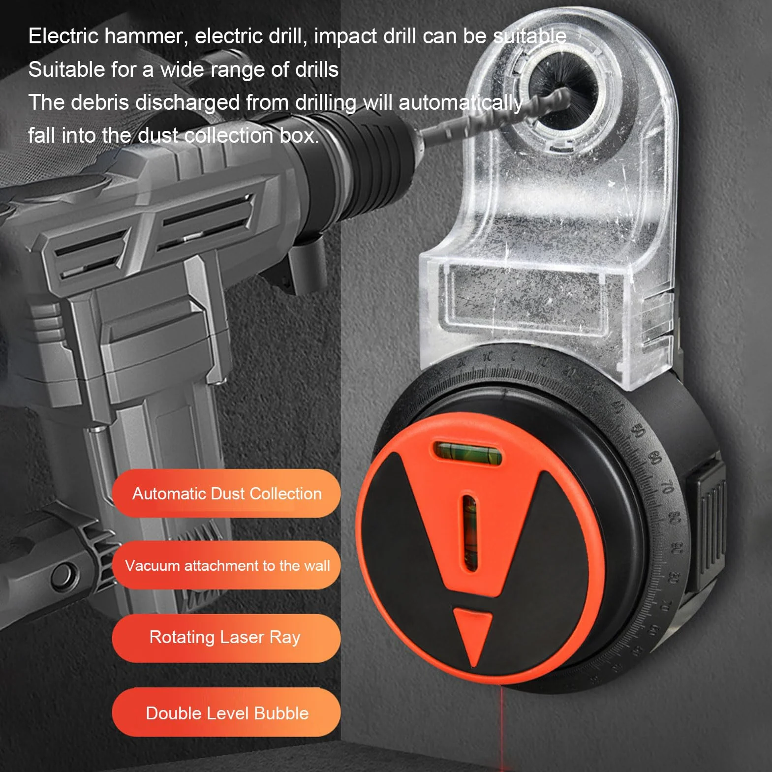 Aspirador de polvo de taladro, 2 en 1 Aspirador de polvo de taladro con herramienta de nivel, Aspirador de polvo de taladro eléctrico giratorio 360° para colgar cuadros, pintar