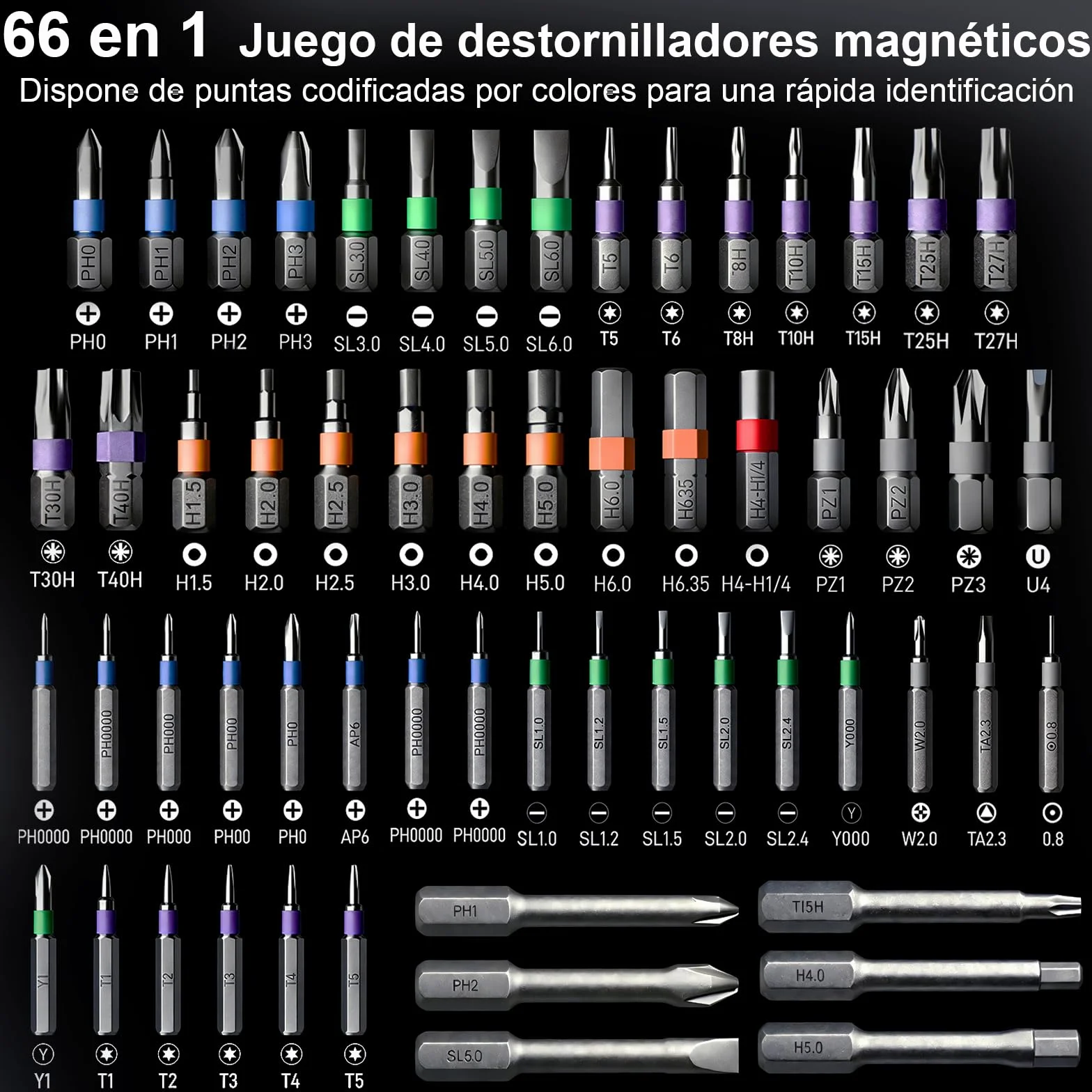 Juego de destornilladores de carraca, 66 en 1 juego de destornillador carraca magnéticos, puntas de acero S2, mango en T extraíble para tornillos de para muebles, instrumentos de precisión, etc