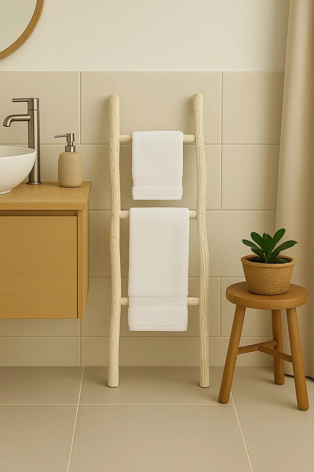 Biscottini Escalera toallero baño 108 x 32 x 3 – Escalera decorativa de madera – Toallero de bambú