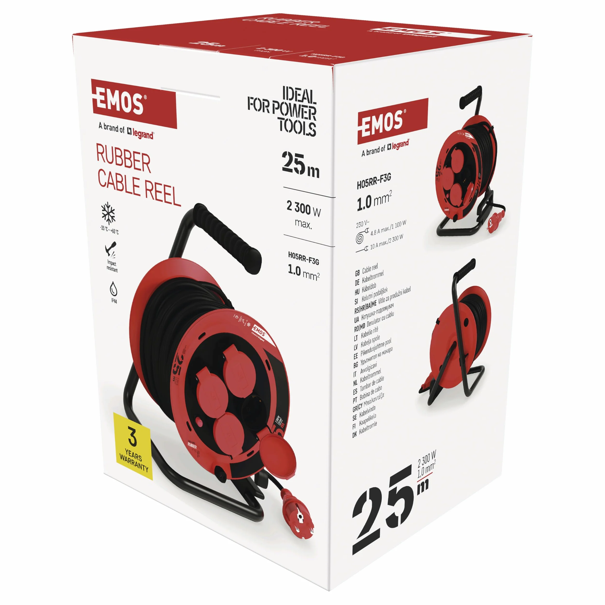 EMOS - Carrete de cable de 25 m - 4 enchufes Schuko con protección de contacto aumentada - Resistente al agua y al frío - Resistente a golpes - 230 V, 10 A, 2300 W - Aislamiento de goma - H05RR-F3G