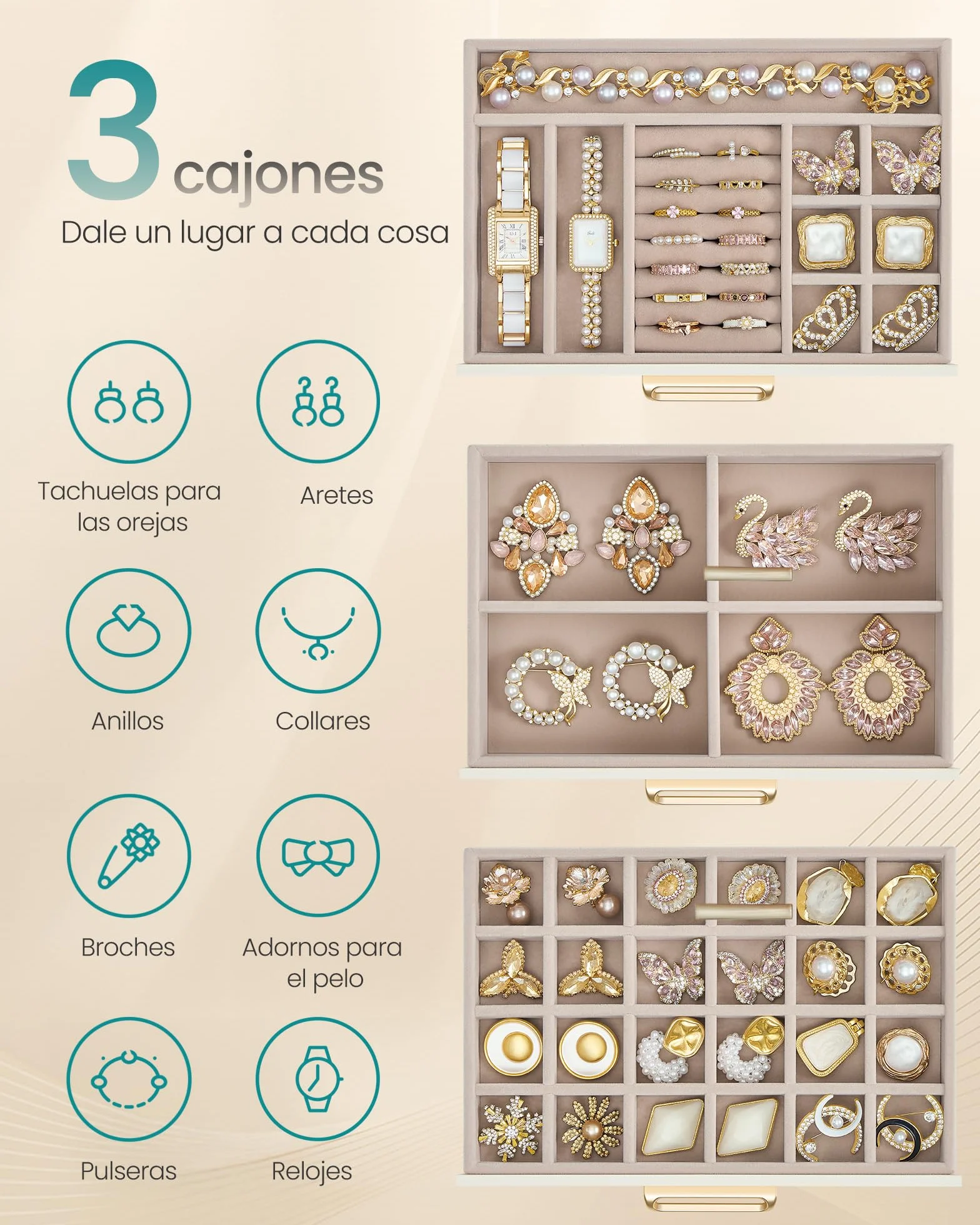 SONGMICS Caja de Joyas, Organizador de Joyería de 3 Niveles, con Ventana de Vidrio, 3 Cajones, Gran Capacidad, Tiradores Dorados, Idea de Regalo, 16 x 24 x 12,5 cm, Blanco Crema JBC206WD01