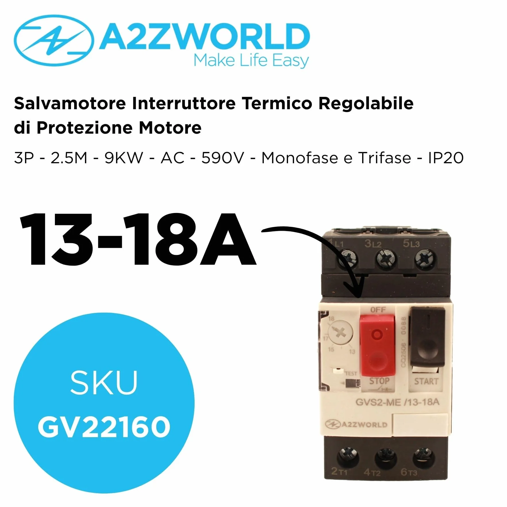 Salvamotor térmico 3P tripolar para protección del motor, ajustable 10-16 A 5,5 kW, interruptor térmico motor 2,5 módulos DIN, 690 V CA para monofásico y trifásico