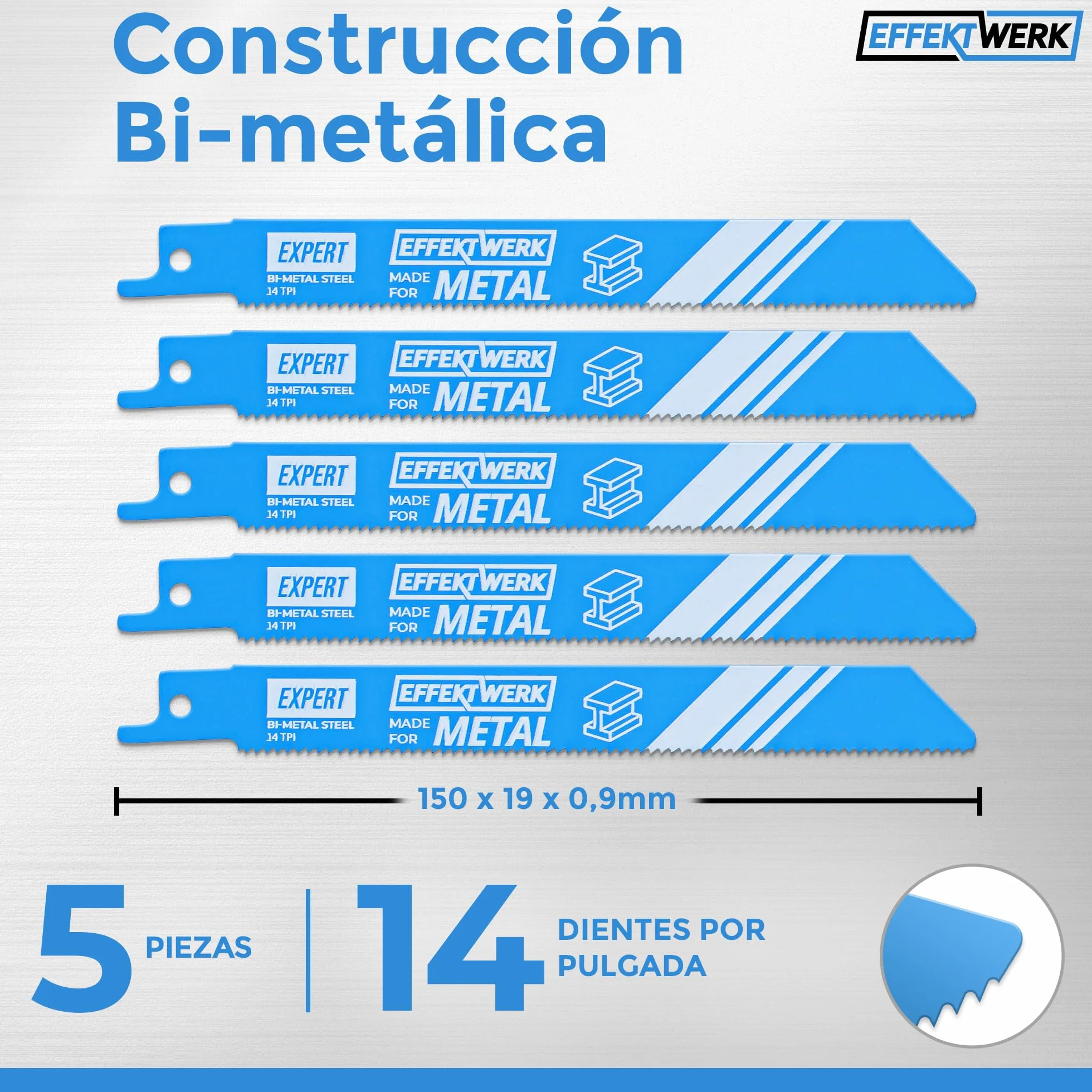 Hojas de sierra recíproca para metal 6" 150 mm 14 TPI acero bimetálico 5 piezas
