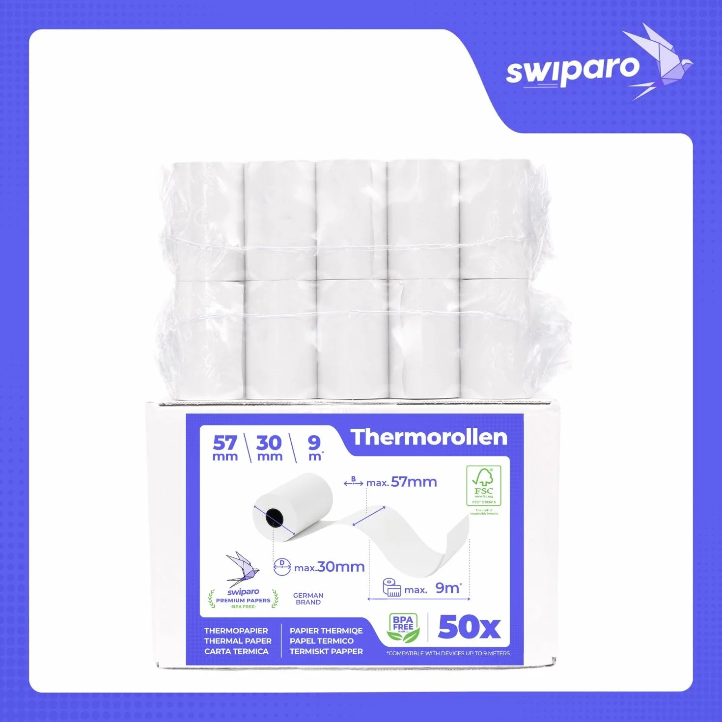 Rollos Papel Datafono Térmico 57x30x12mm para todos los TPV y las impresora térmica - Rollo papel térmico 57mm x 30mm x 9m - Ideal para máquinas de tarjetas de Crédito - Papel TPV [50x]