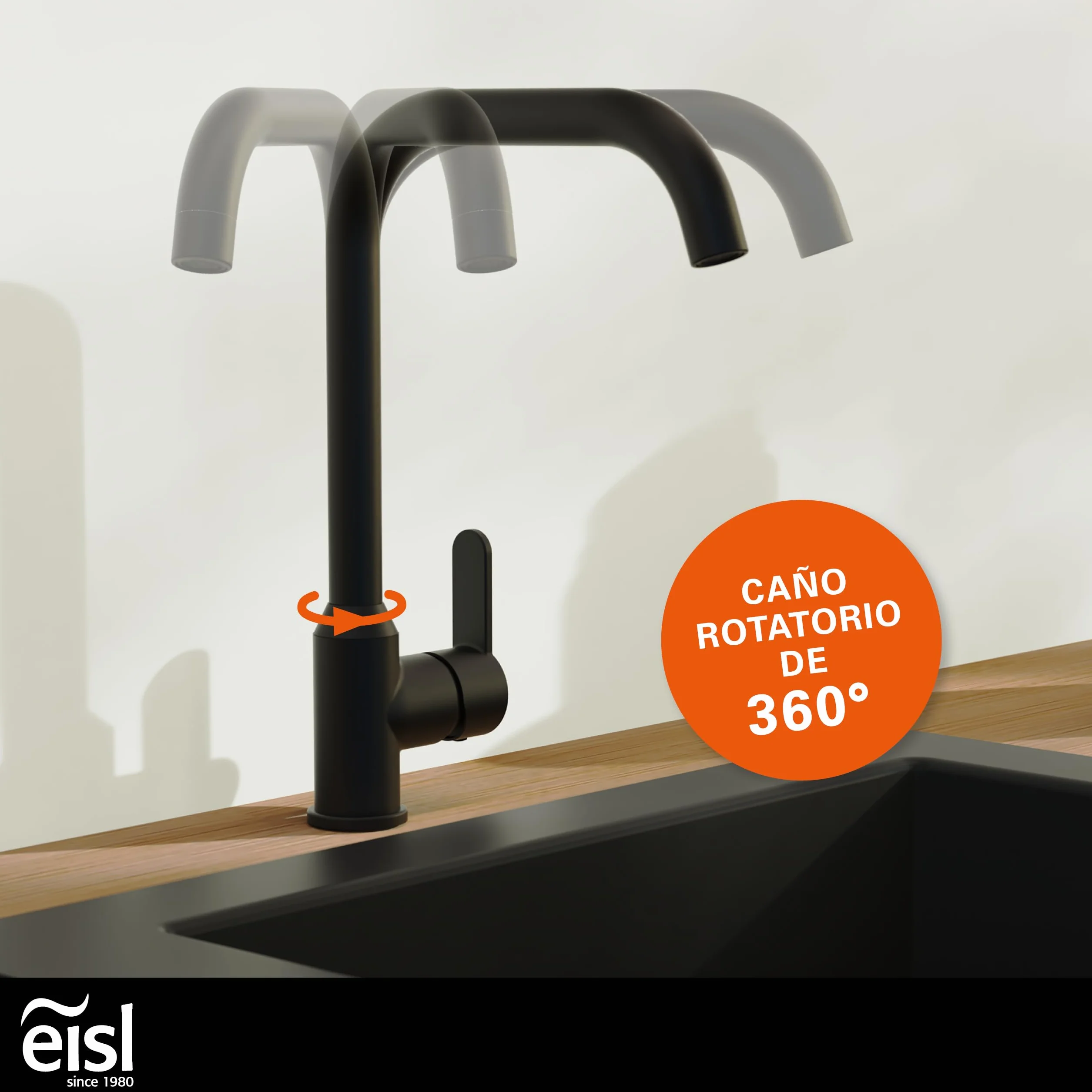 EISL Monza grifo de cocina negro, mezclador de fregadero negro giratorio 360°, mezclador de cocina negro con caño alto, grifo de cocina en negro, NI182MONB
