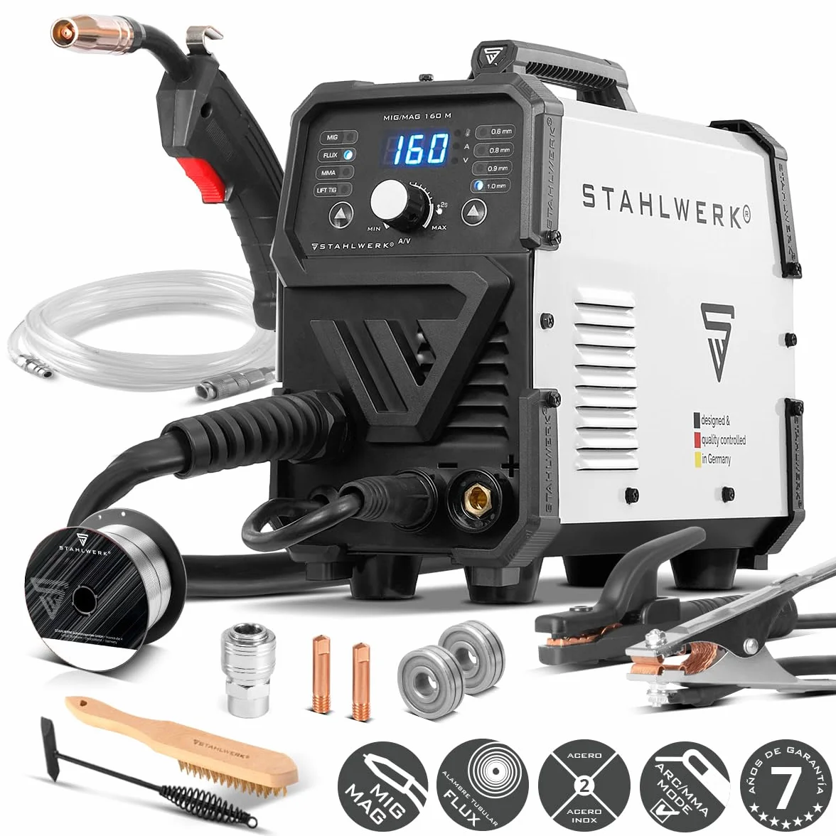 STAHLWERK Soldadora MIG/MAG 200 ST – Máquina de soldar Inverter con 200 A, equipo de gas protector con avance de hilo sinérgico, apto para FLUX (hilo hueco), funcional para Lift-TIG & MMA/Electrodo