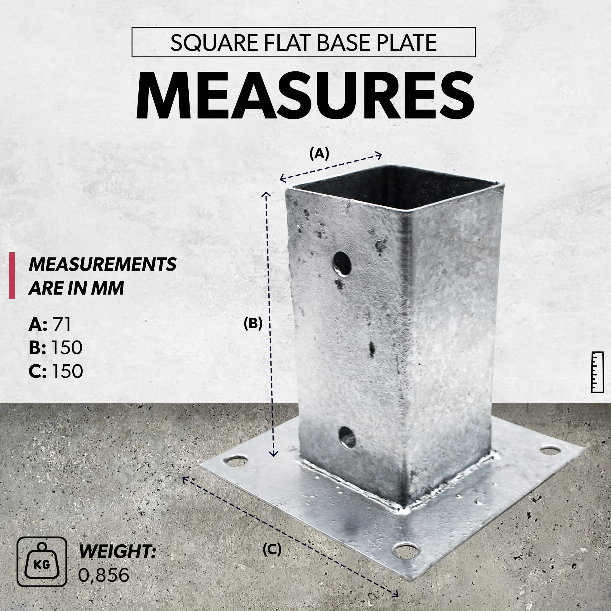 DOJA Barcelona | Anclaje Poste Cuadrado | PACK4 | 71x71mm | Acero Galvanizado | Base Poste con Base Atornillable | Anclaje Cuadrado para Postes de Madera, Vallas para Jardin, Cenadores, Barra Cortinas