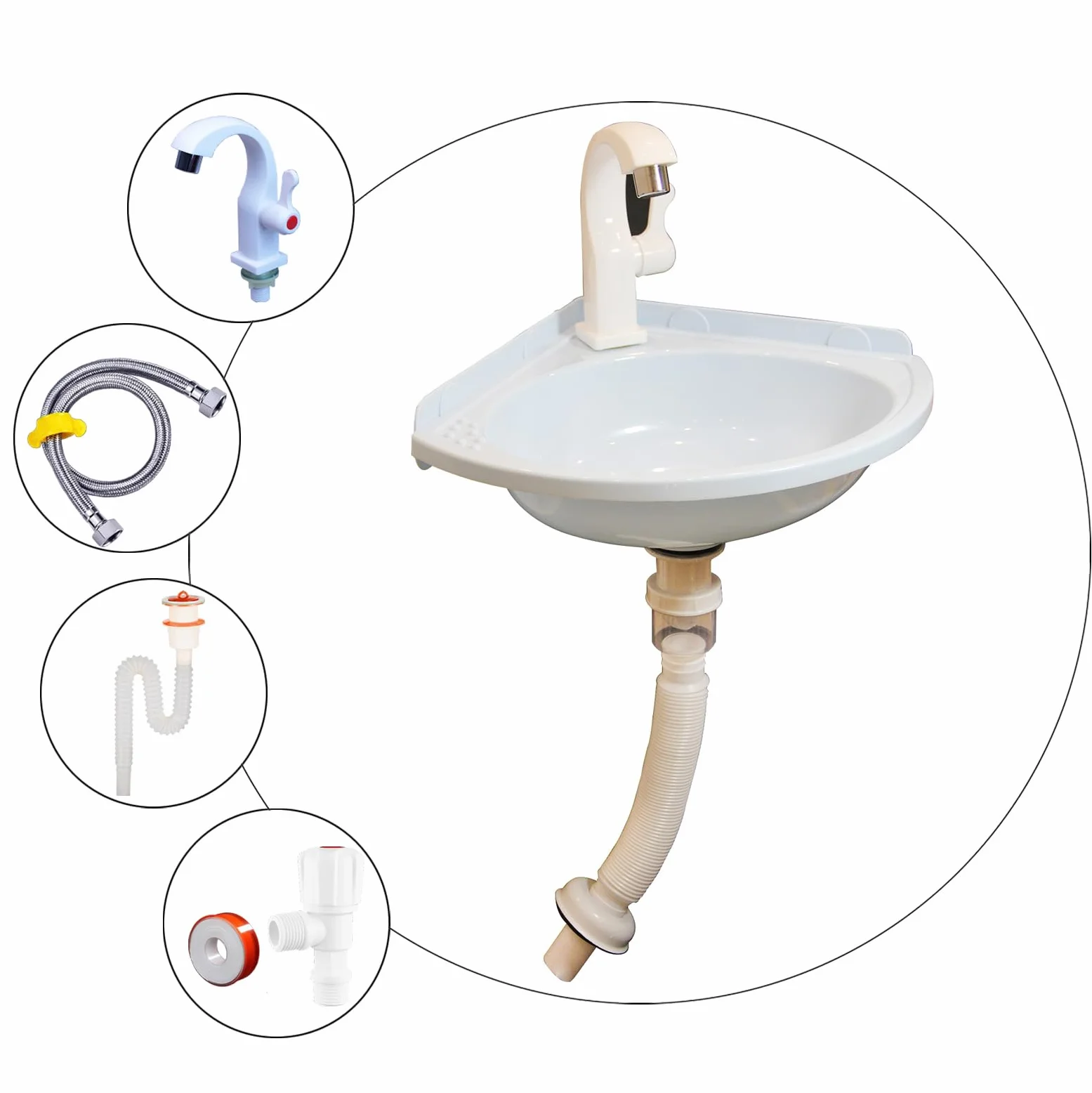 Lavabo de esquina para montaje en pared, 27,5 x 27,5 x 10 cm, plástico, blanco, con desagüe