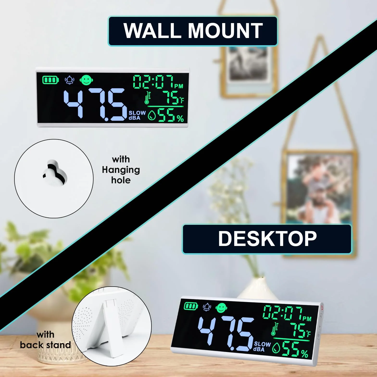 Medidor de nivel de sonido montado en pared y escritorio con indicador de iconos de alarma de zumbador
