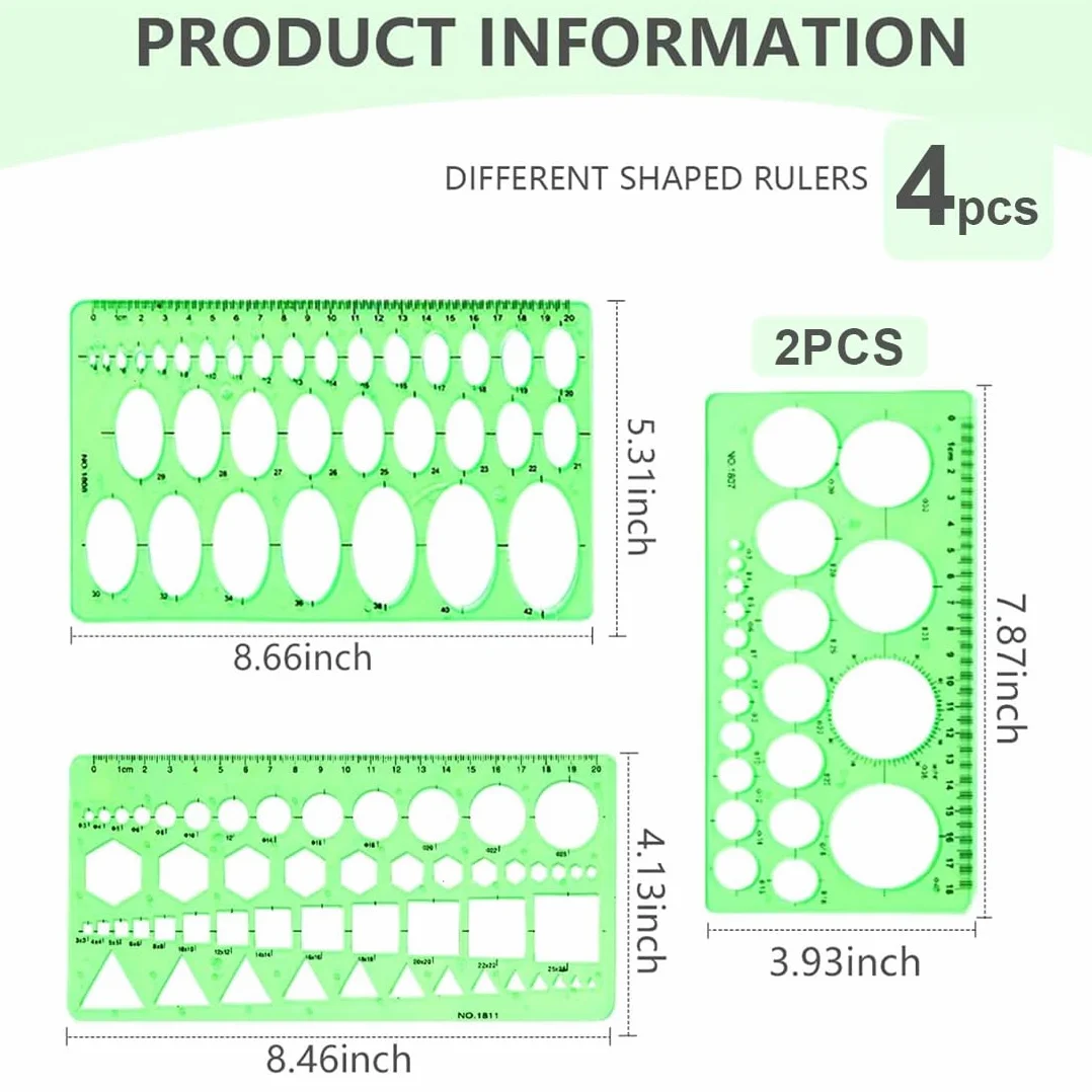 Plantillas Para Dibujar, Plantilla Círculos, Reglas Dibujo Técnico, Plantilla Elipses Isométricas, para Medir Reglas Círculo Geométrico Plantillas de Dibujo 4pcs (Verde Transparente)