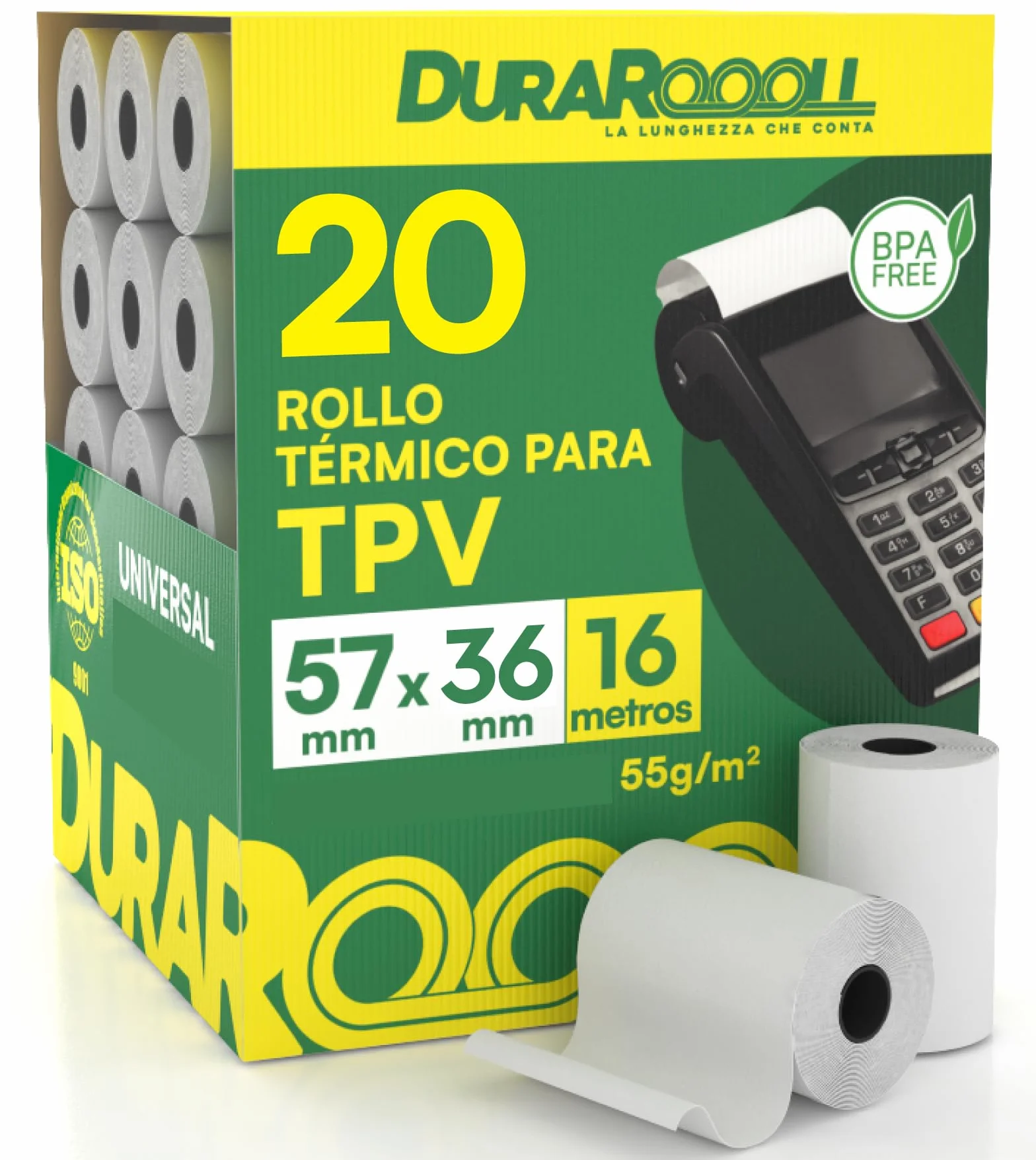 20 Rollos Papel Termico TPV Datafono DuraRoooll - Rollos Térmicos POS 57mmx36mmx16m Compatibles con Nexi SumUp Pax Axerve Ingenico para Tiques Recibos Tarjetas de Débito y Crédito
