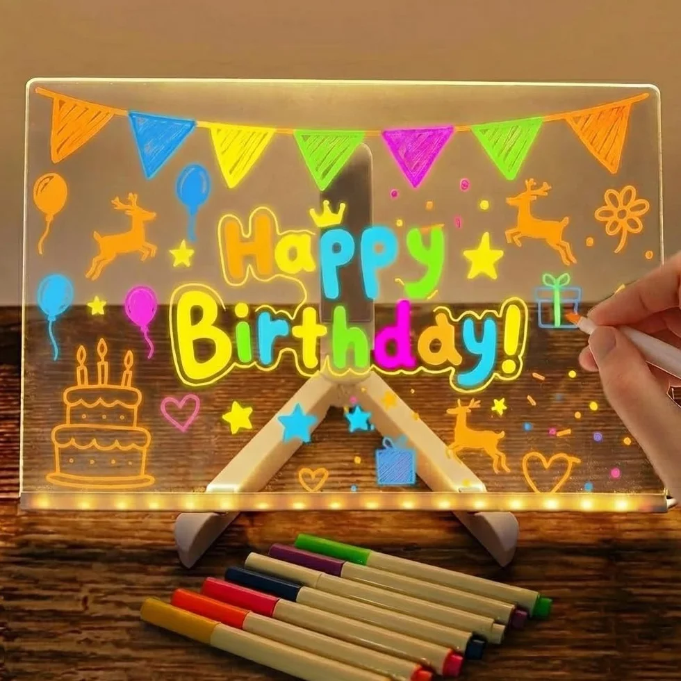 Pizarra LED Transparente Tablero de Mensajes Doodle Glow 7 Colores Bolígrafo Soporte Ajustable