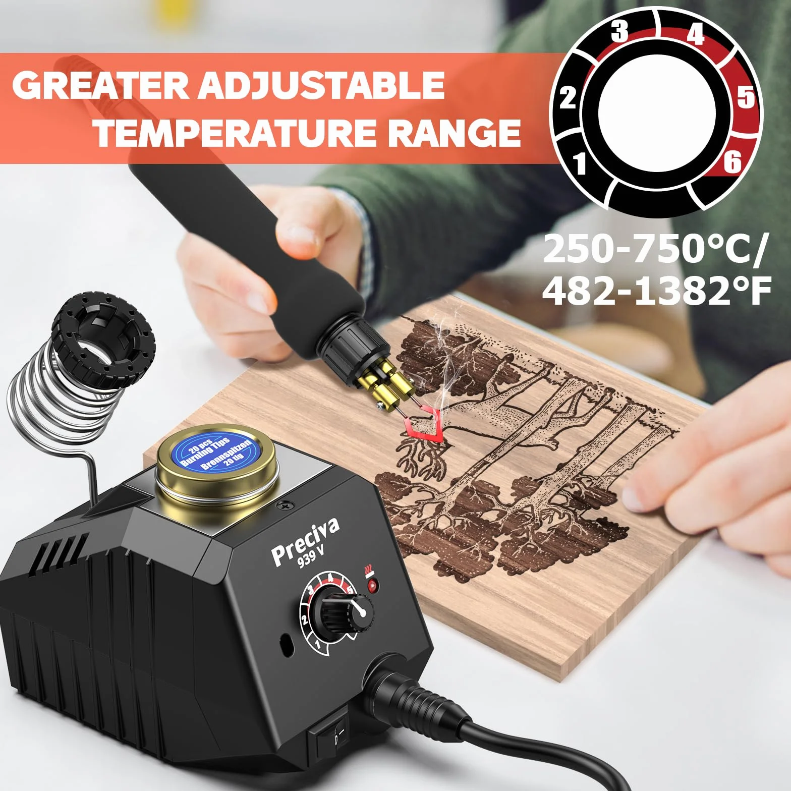 Preciva Kit de Pirograbado de Madera 30W con Temperatura Ajustable 250°C-750°C y 20 Puntas de Alambre - Máquina de Pirograbado Profesional para Madera, Cuero y Más