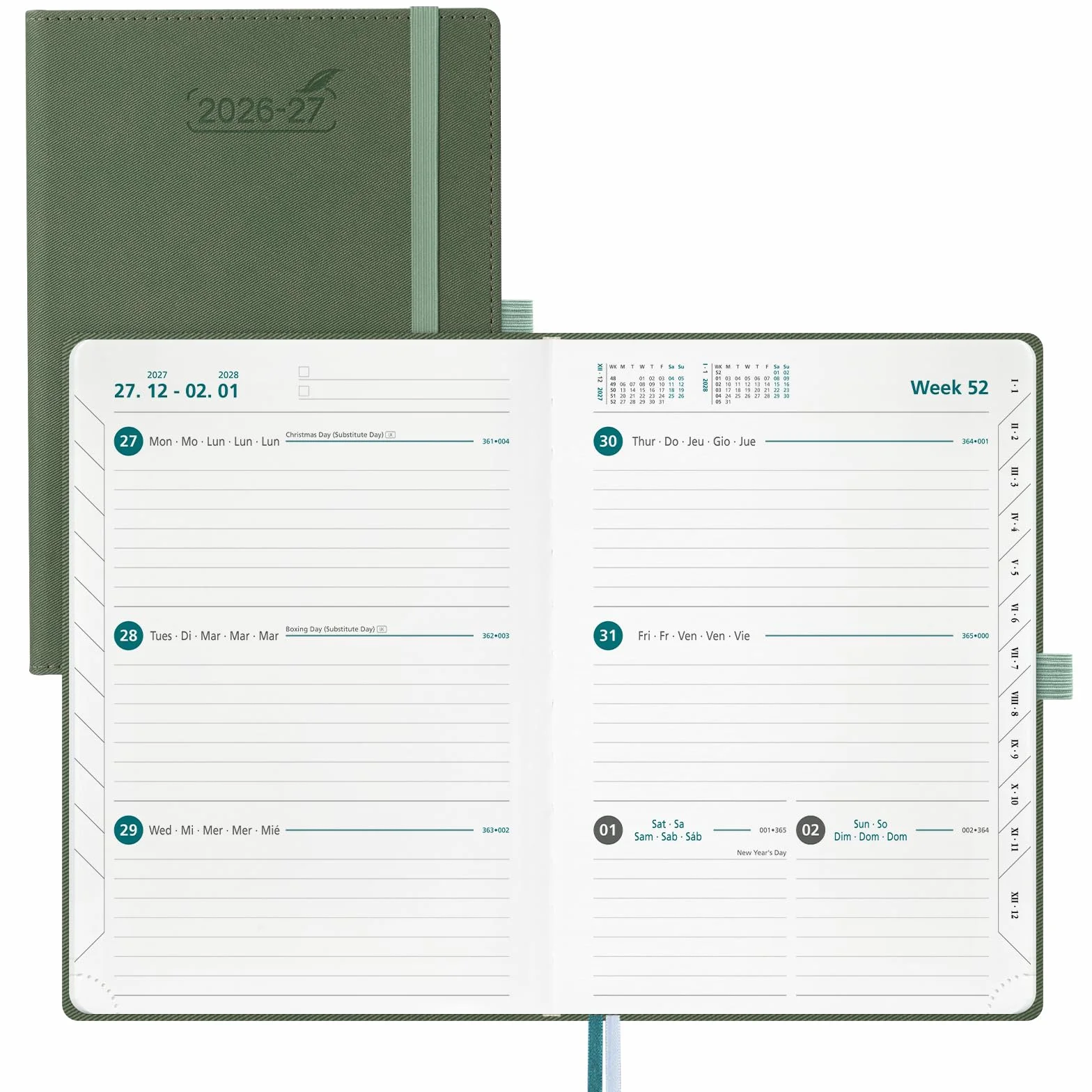Agenda Escolar 2026 2027 BEZEND Semana Vista A5 Horizontal 18 Meses Tapa Dura Cuero PU 15,5 x 21 cm Oliva
