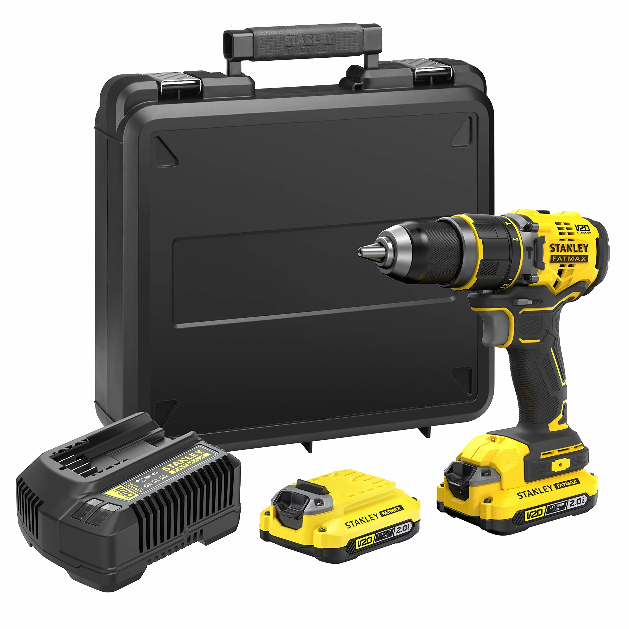 STANLEY FATMAX Taladro Percutor Sin Cable V20 (18V), Motor Sin Escobillas, 80Nm, 2 Baterías 2Ah, Cargador, Maletín, Portabrocas Metálico 13mm, 14 Posiciones de Par, SFMCD721D2K-QW