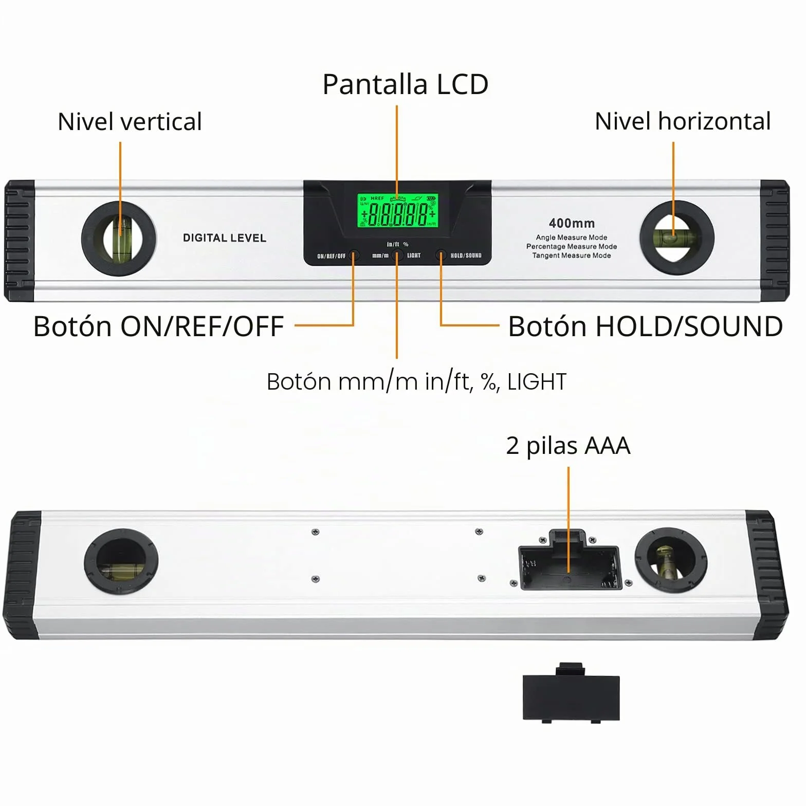 Neoteck Inclinometro Digital 400mm/16” Nivel Digital con Base Magnética Transportador de Ángulo con Indicador de Audio para Aplicaciones Industriales, Obras de Renovación