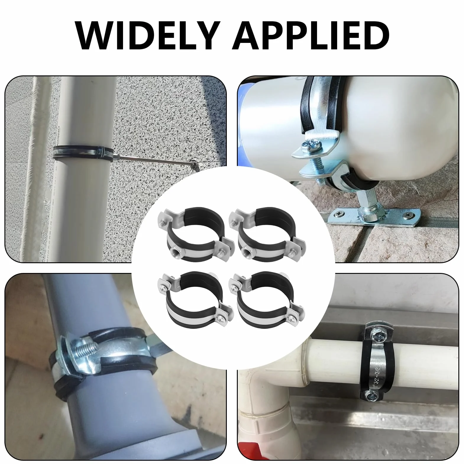 Clip de tubería, con inserciones de goma, con un diámetro ajustable de 40 - 43 mm / 1 1 / 4 ", muy adecuado para proyectos de instalación y decoración de tuberías, con 4 soportes metálicos disponibles
