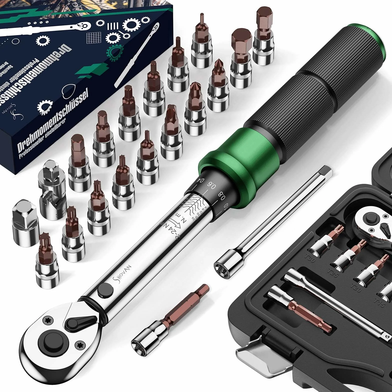 Llave Dinamometrica Bicicleta, Llaves de Carraca 1/4 Pulgadas 2-24 Nm, Carraca Reversible de 72 Dientes, Precisión de ± 3% de Error, Lncluye Adaptador de 3/8", Puntas Phillips Hex y Torx.