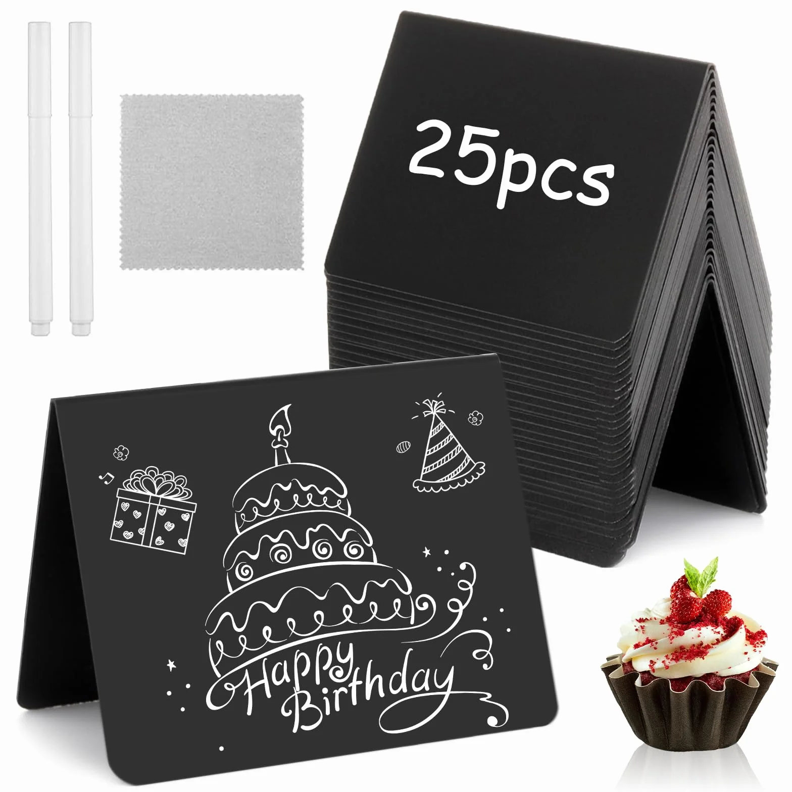 Mini Pizarra Pequeña 75x100mm, 25 Piezas Letreros de Pizarra de Pie para Etiquetas de Precios, Alimentos (Negro)