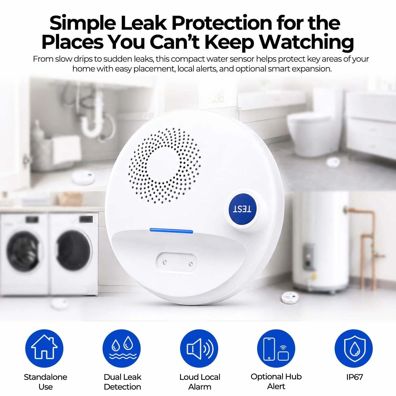 Detector de Fugas de Agua Inalámbrico Doble Sonda IP67 100dB Alarma Smart Hub