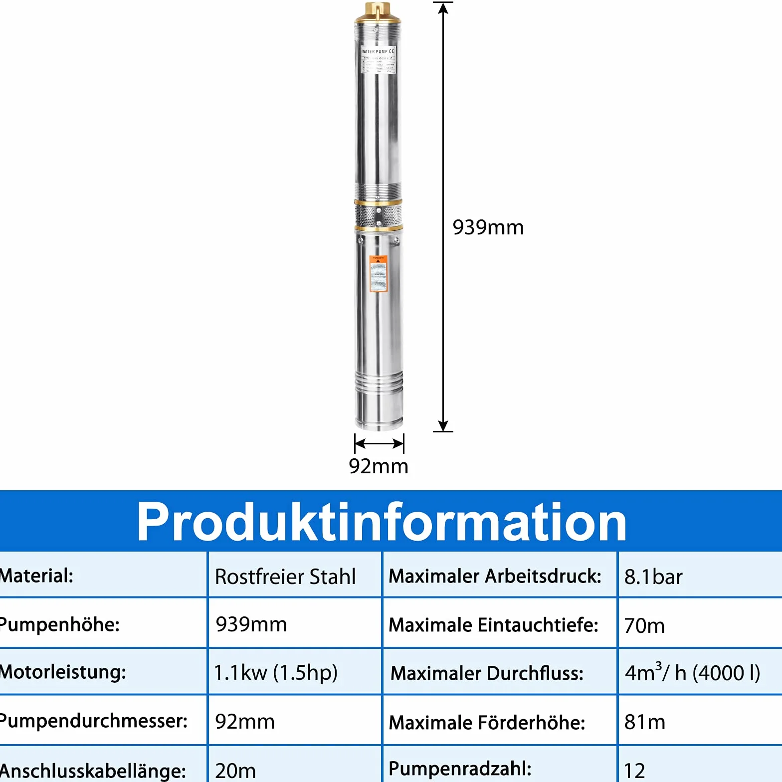 Aufun Bomba de agua sumergible pozo 1100W, Acero inoxidable bomba para pozos con 4000 l/h, altura de extracción de 81 m, resistente a la arena con filtro de suciedad (1.1kW/1.5hp)